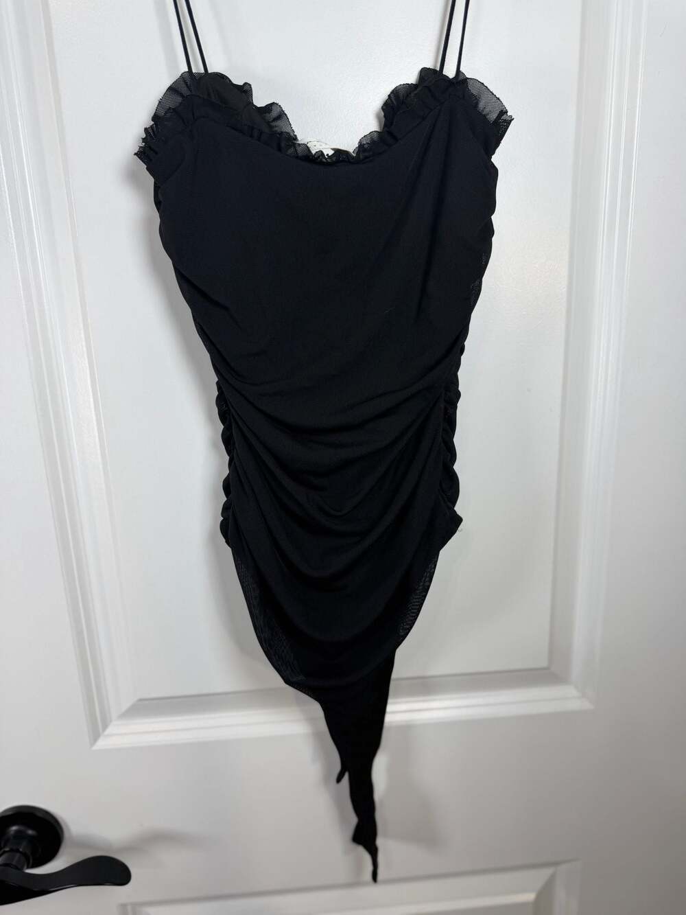 American Threads Black Ruffle Mesh Ruched Bodysuit - Picture 6 of 8